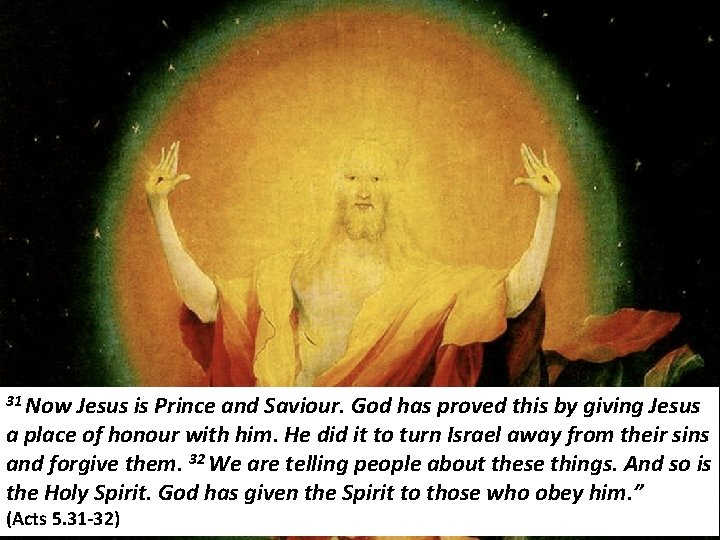 31 Now Jesus is Prince and Saviour. God has proved this by giving Jesus