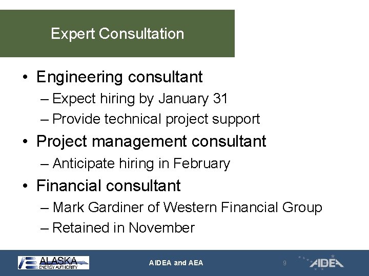 Expert Consultation • Engineering consultant – Expect hiring by January 31 – Provide technical