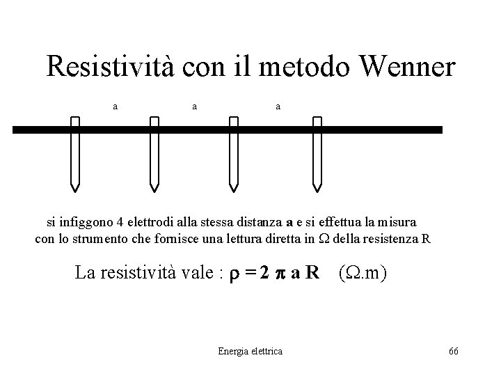 Resistività con il metodo Wenner a a a si infiggono 4 elettrodi alla stessa