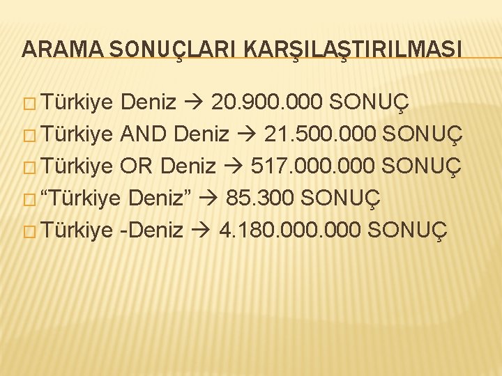 ARAMA SONUÇLARI KARŞILAŞTIRILMASI � Türkiye Deniz 20. 900. 000 SONUÇ � Türkiye AND Deniz