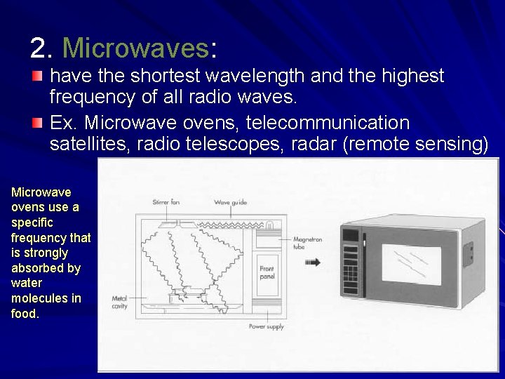 2. Microwaves: have the shortest wavelength and the highest frequency of all radio waves. 2. Microwaves: have the shortest wavelength and the highest frequency of all radio waves.