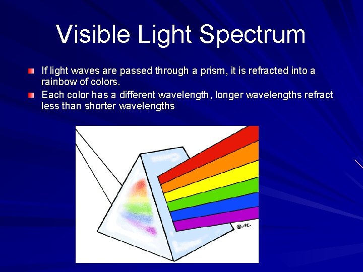 Visible Light Spectrum If light waves are passed through a prism, it is refracted Visible Light Spectrum If light waves are passed through a prism, it is refracted