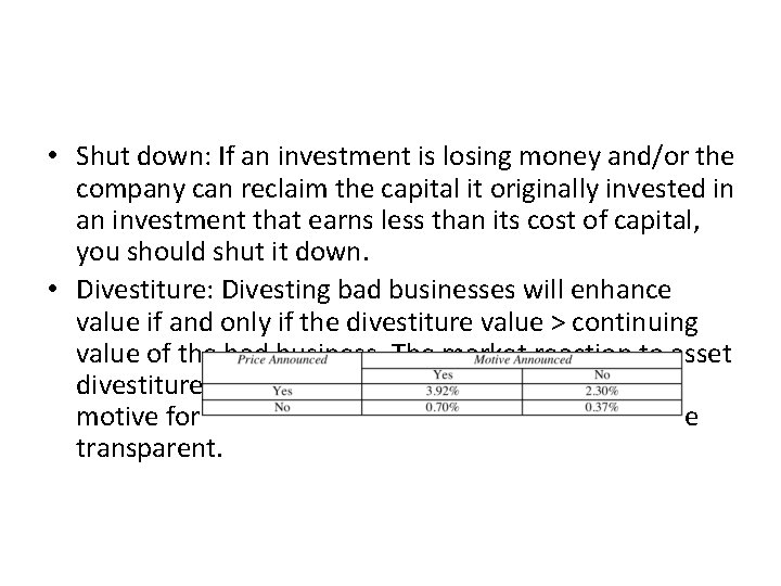 Redeploying assets: Shut down or divestiture • Shut down: If an investment is losing