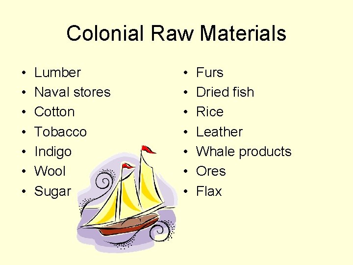 Colonial Raw Materials • • Lumber Naval stores Cotton Tobacco Indigo Wool Sugar •