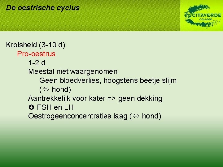 De oestrische cyclus Krolsheid (3 -10 d) Pro-oestrus 1 -2 d Meestal niet waargenomen De oestrische cyclus Krolsheid (3 -10 d) Pro-oestrus 1 -2 d Meestal niet waargenomen