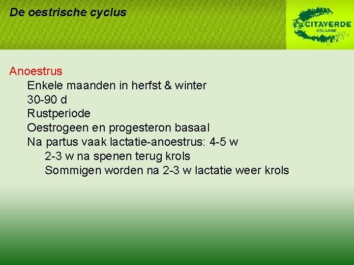 De oestrische cyclus Anoestrus Enkele maanden in herfst & winter 30 -90 d Rustperiode De oestrische cyclus Anoestrus Enkele maanden in herfst & winter 30 -90 d Rustperiode