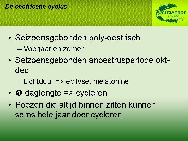 De oestrische cyclus • Seizoensgebonden poly-oestrisch – Voorjaar en zomer • Seizoensgebonden anoestrusperiode oktdec De oestrische cyclus • Seizoensgebonden poly-oestrisch – Voorjaar en zomer • Seizoensgebonden anoestrusperiode oktdec
