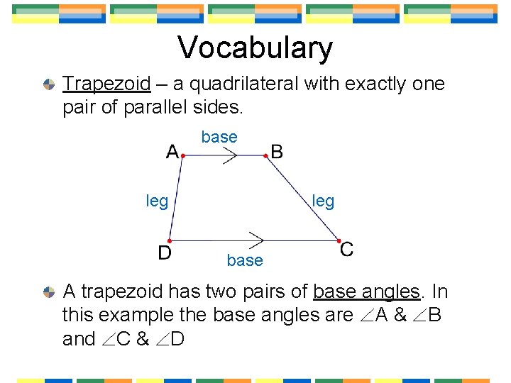 Vocabulary Trapezoid – a quadrilateral with exactly one pair of parallel sides. base leg