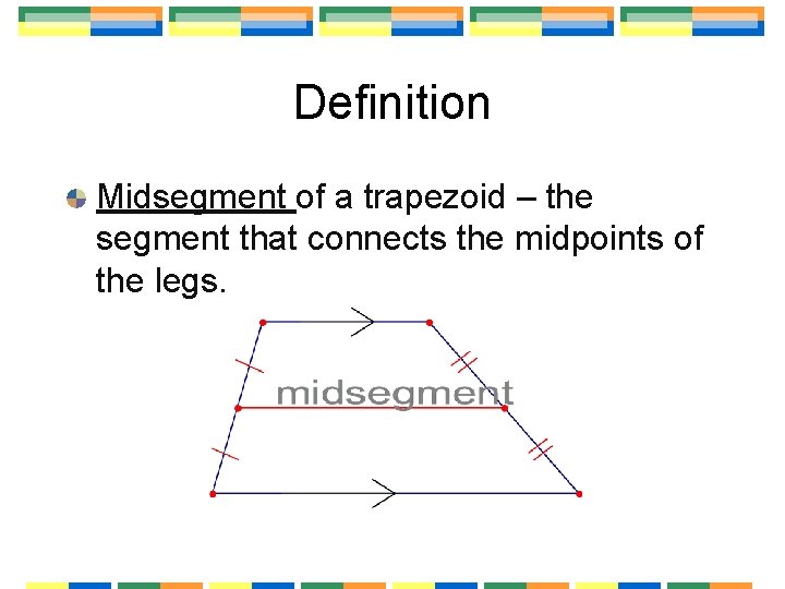 Definition Midsegment of a trapezoid – the segment that connects the midpoints of the