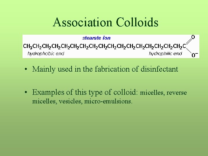 Association Colloids • Mainly used in the fabrication of disinfectant • Examples of this