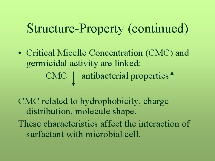 Structure-Property (continued) • Critical Micelle Concentration (CMC) and germicidal activity are linked: CMC antibacterial