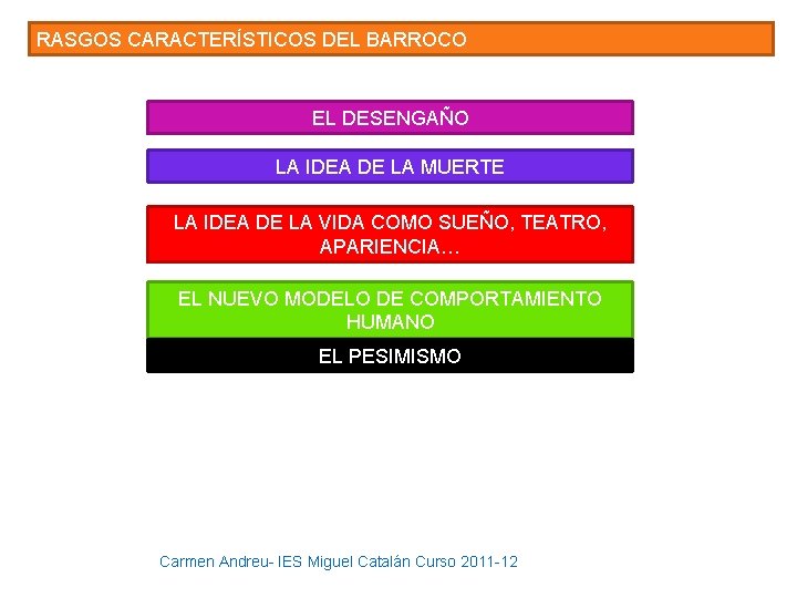 RASGOS CARACTERÍSTICOS DEL BARROCO EL DESENGAÑO LA IDEA DE LA MUERTE LA IDEA DE