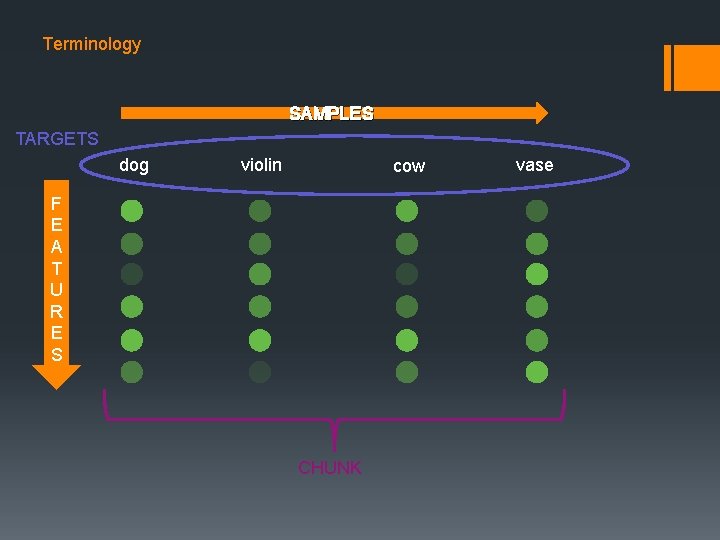 Terminology SAMPLES TARGETS dog violin cow F E A T U R E S