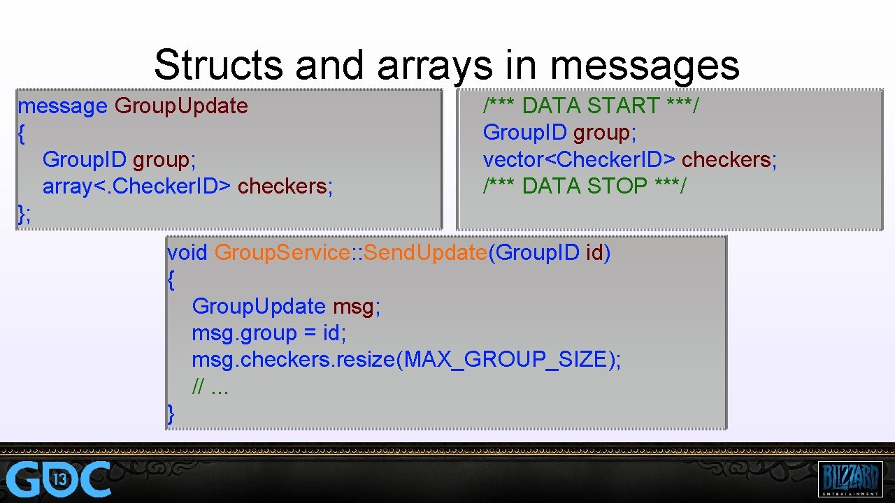 Structs and arrays in messages message Group. Update { Group. ID group; array<. Checker.