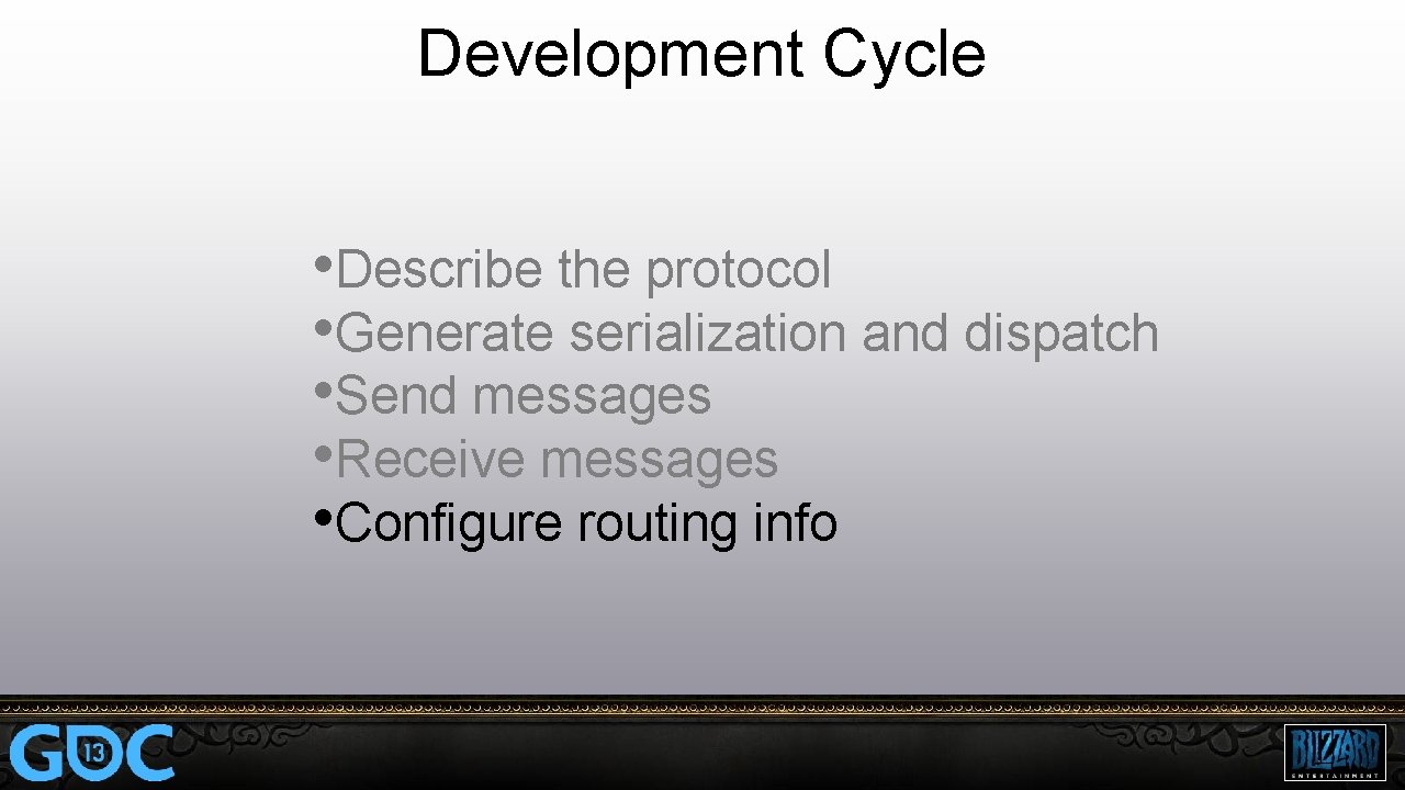 Development Cycle • Describe the protocol • Generate serialization and dispatch • Send messages