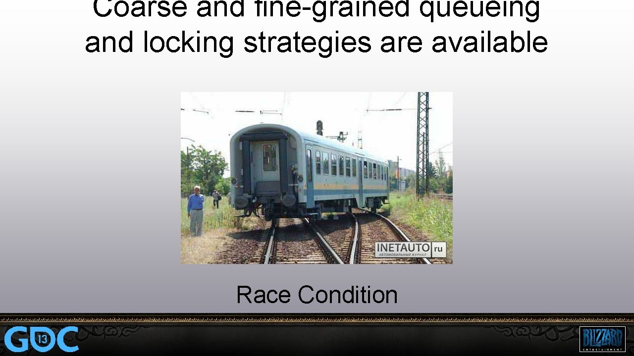 Coarse and fine-grained queueing and locking strategies are available Race Condition 
