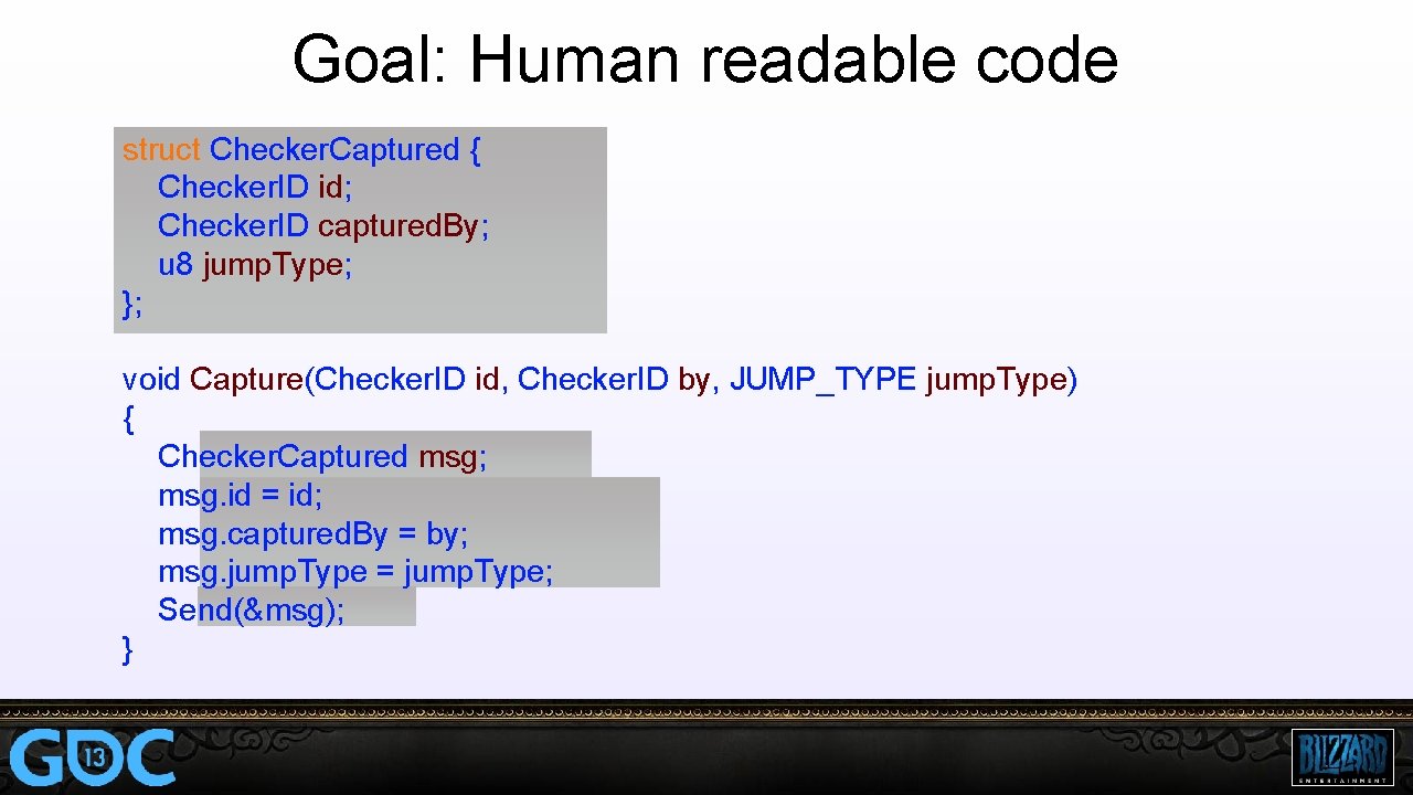 Goal: Human readable code struct Checker. Captured { Checker. ID id; Checker. ID captured.