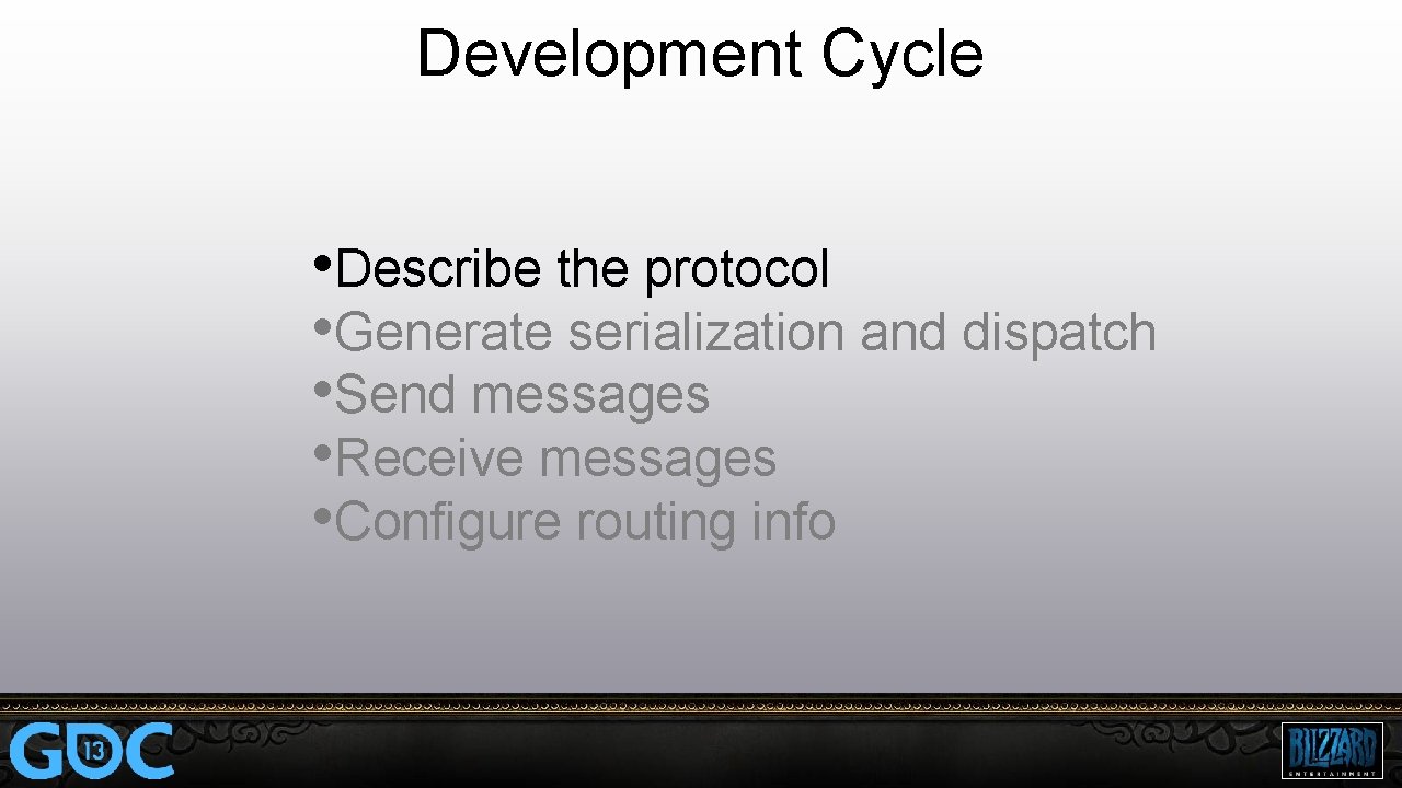 Development Cycle • Describe the protocol • Generate serialization and dispatch • Send messages
