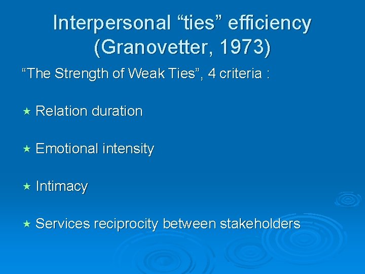 Interpersonal “ties” efficiency (Granovetter, 1973) “The Strength of Weak Ties”, 4 criteria : « Interpersonal “ties” efficiency (Granovetter, 1973) “The Strength of Weak Ties”, 4 criteria : «