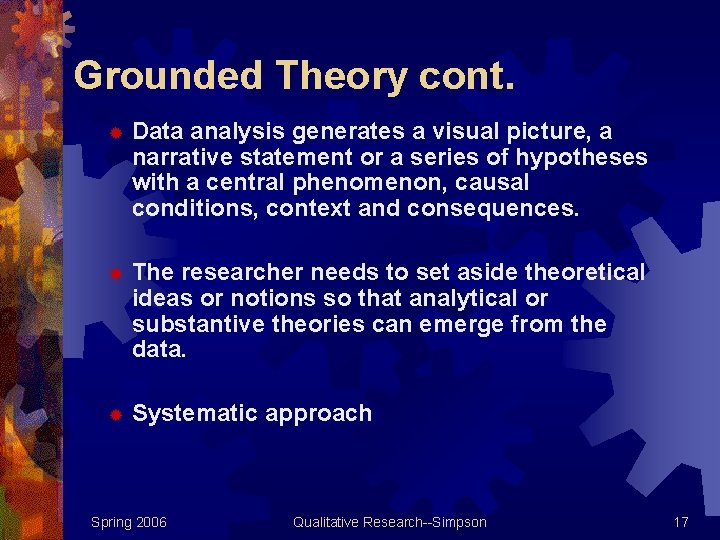 Grounded Theory cont. ® Data analysis generates a visual picture, a narrative statement or