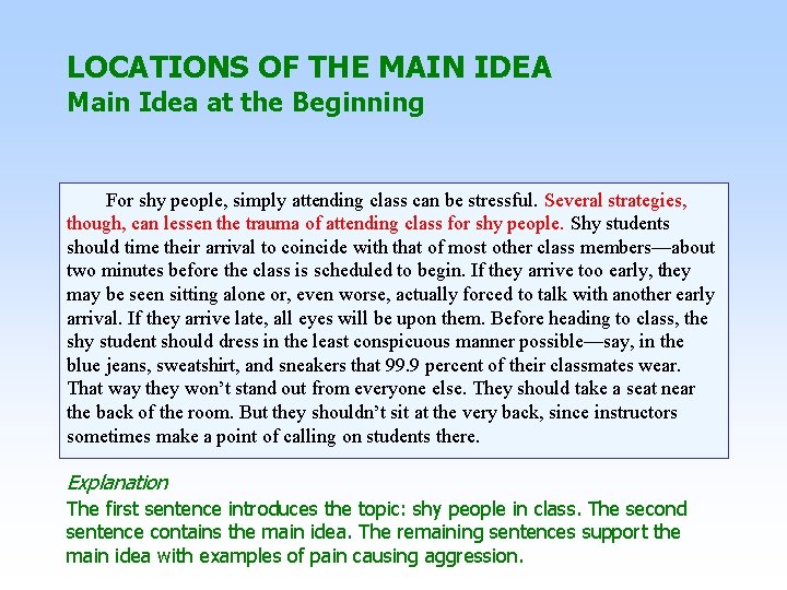 LOCATIONS OF THE MAIN IDEA Main Idea at the Beginning For shy people, simply