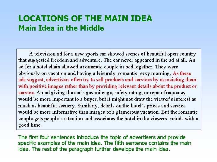 LOCATIONS OF THE MAIN IDEA Main Idea in the Middle A television ad for