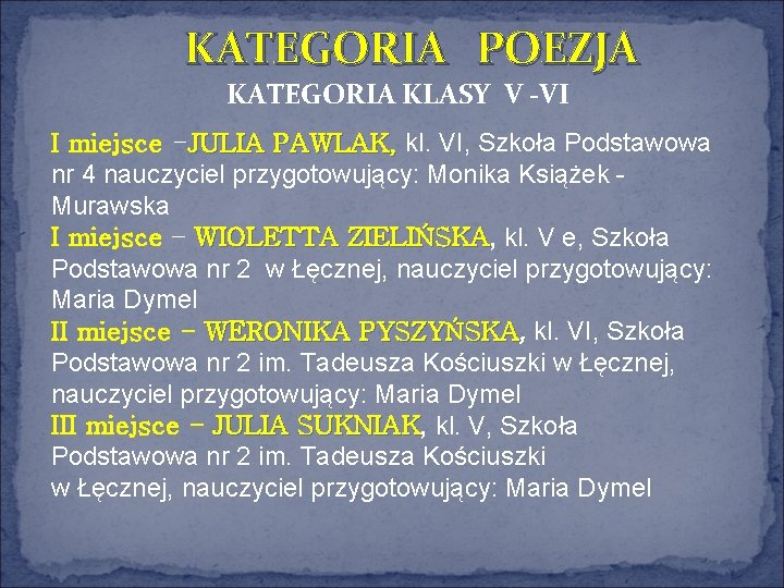 KATEGORIA POEZJA KATEGORIA KLASY V -VI I miejsce -JULIA PAWLAK, kl. VI, Szkoła Podstawowa