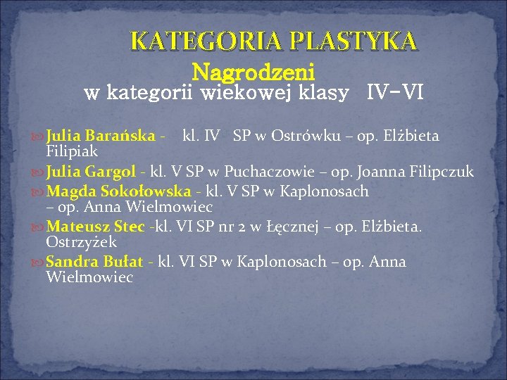  KATEGORIA PLASTYKA Nagrodzeni w kategorii wiekowej klasy IV-VI Julia Barańska - kl. IV