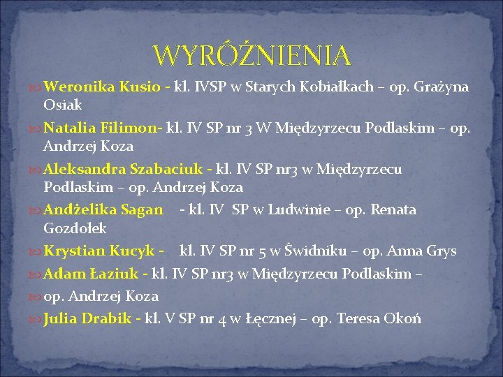 WYRÓŻNIENIA Weronika Kusio - kl. IVSP w Starych Kobiałkach – op. Grażyna Osiak Natalia