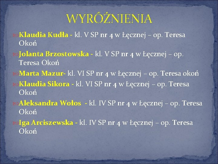 WYRÓŻNIENIA Klaudia Kudła - kl. V SP nr 4 w Łęcznej – op. Teresa