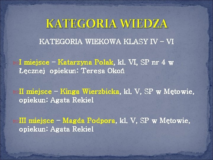 KATEGORIA WIEDZA KATEGORIA WIEKOWA KLASY IV – VI I miejsce – Katarzyna Polak, kl.