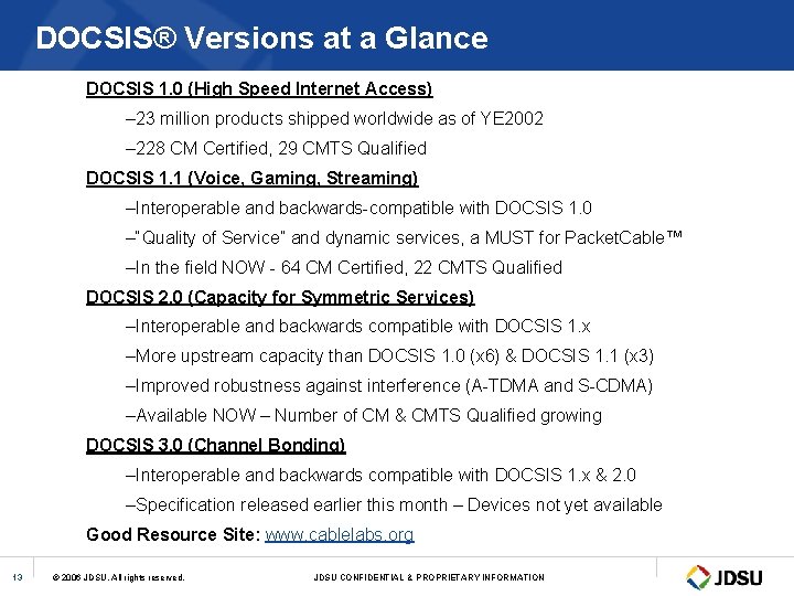 DOCSIS® Versions at a Glance DOCSIS 1. 0 (High Speed Internet Access) – 23