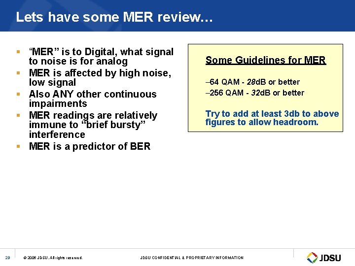 Lets have some MER review… § “MER” is to Digital, what signal to noise