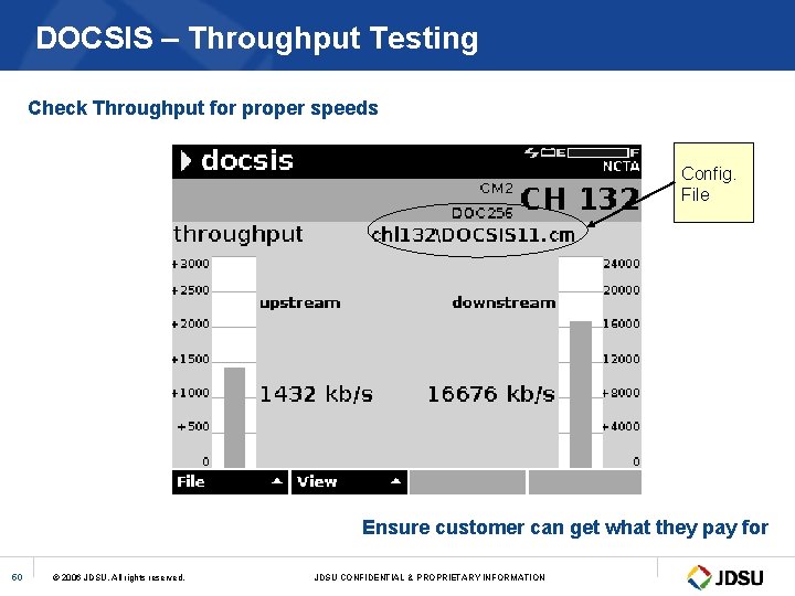 DOCSIS – Throughput Testing Check Throughput for proper speeds Config. File Ensure customer can