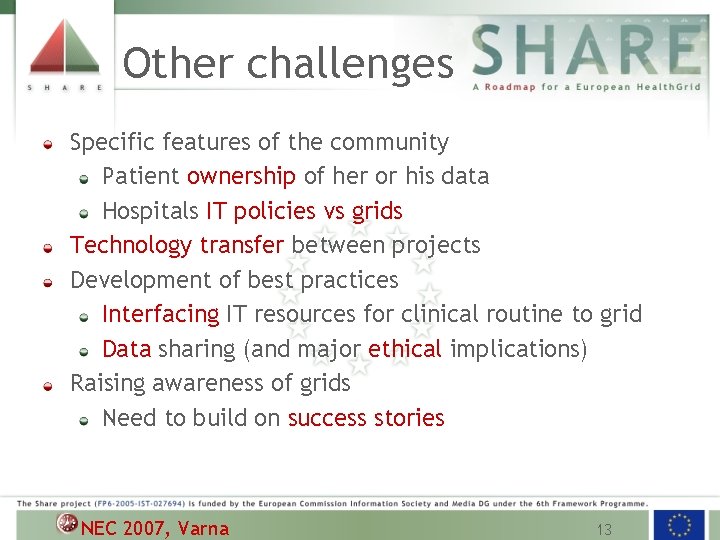 Other challenges Specific features of the community Patient ownership of her or his data