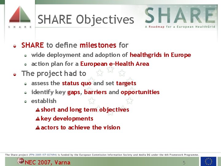 SHARE Objectives SHARE to define milestones for wide deployment and adoption of healthgrids in