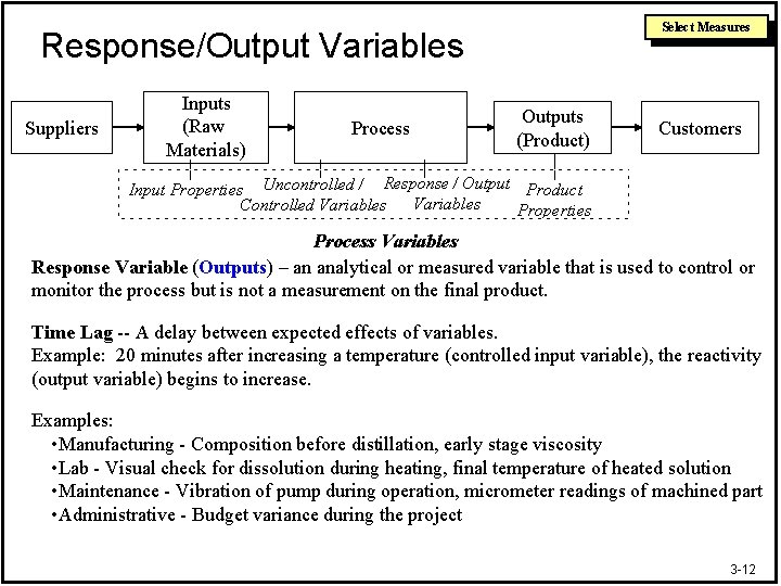 Select Measures Response/Output Variables Suppliers Inputs (Raw Materials) Process Outputs (Product) Customers Input Properties