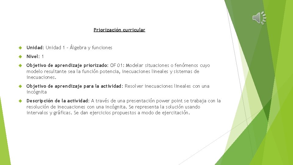 Priorización curricular Unidad: Unidad 1 – Álgebra y funciones Nivel: 1 Objetivo de aprendizaje