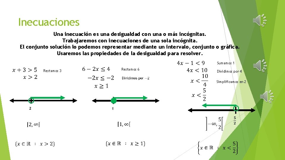 Inecuaciones Una inecuación es una desigualdad con una o más incógnitas. Trabajaremos con inecuaciones