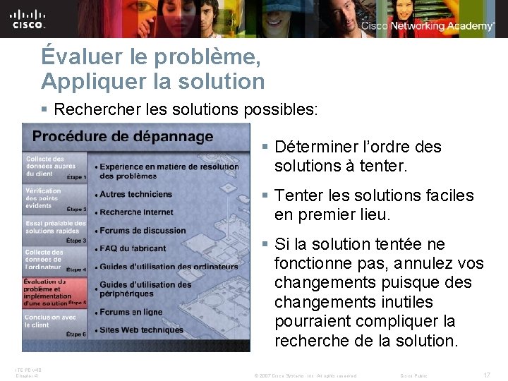 Évaluer le problème, Appliquer la solution § Recher les solutions possibles: § Déterminer l’ordre