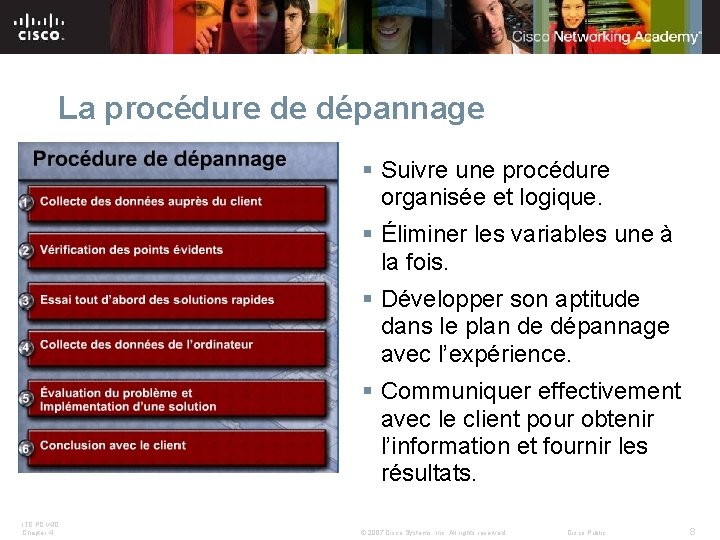 La procédure de dépannage § Suivre une procédure organisée et logique. § Éliminer les