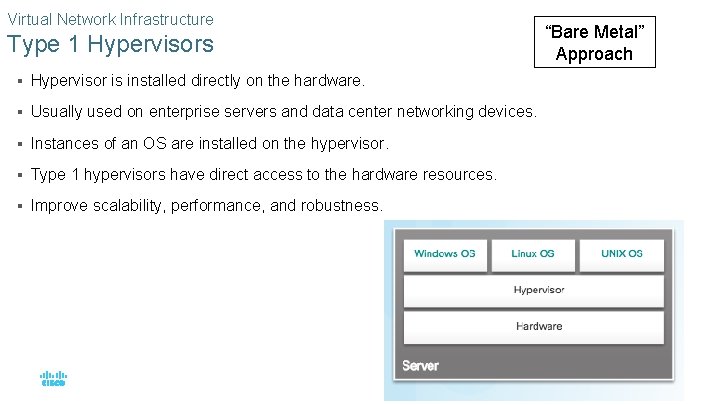 Virtual Network Infrastructure “Bare Metal” Approach Type 1 Hypervisors § Hypervisor is installed directly