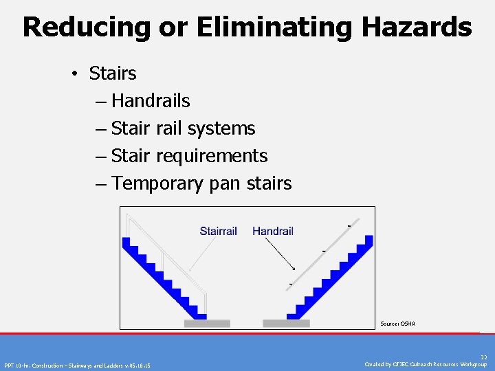 Reducing or Eliminating Hazards • Stairs – Handrails – Stair rail systems – Stair