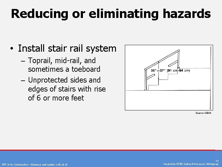 Reducing or eliminating hazards • Install stair rail system – Toprail, mid-rail, and sometimes