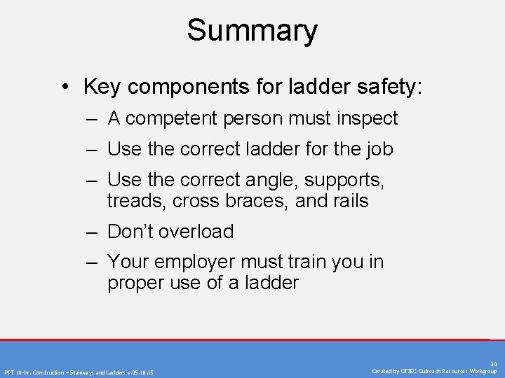 Summary • Key components for ladder safety: – A competent person must inspect –