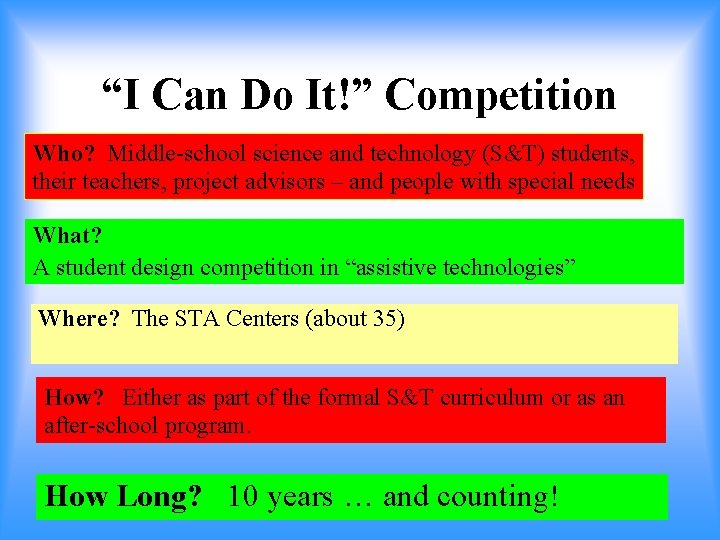 “I Can Do It!” Competition Who? Middle-school science and technology (S&T) students, their teachers,