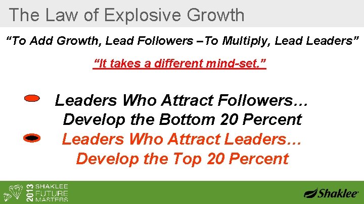 The Law of Explosive Growth “To Add Growth, Lead Followers –To Multiply, Leaders” “It