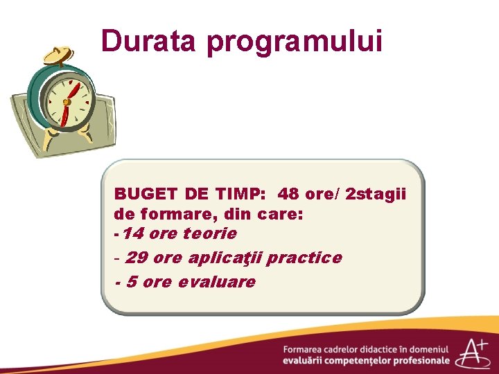 Durata programului BUGET DE TIMP: 48 ore/ 2 stagii de formare, din care: -14