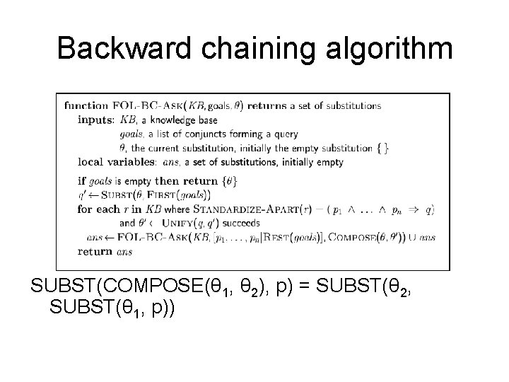 Backward chaining algorithm SUBST(COMPOSE(θ 1, θ 2), p) = SUBST(θ 2, SUBST(θ 1, p))