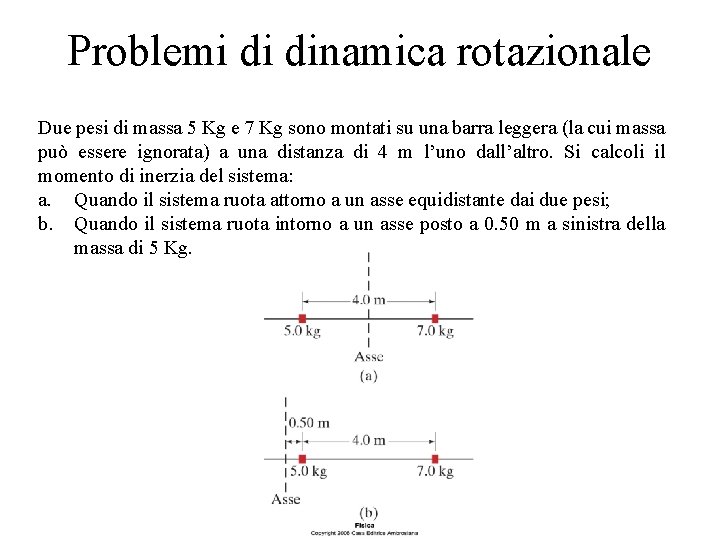 Problemi di dinamica rotazionale Due pesi di massa 5 Kg e 7 Kg sono